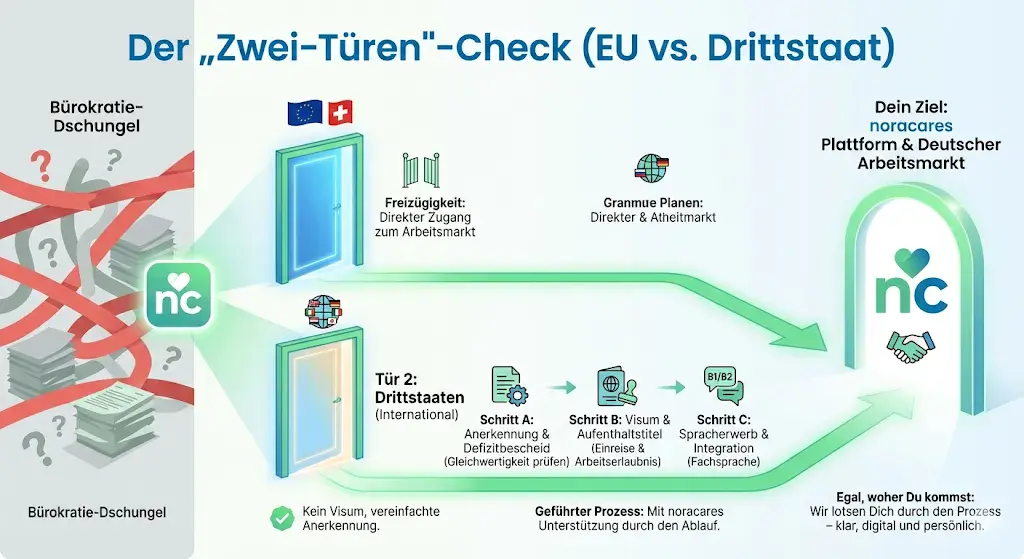 Infografik mit dem Titel „Der ‚Zwei-Türen‘-Check (EU vs. Drittstaat)“, die zwei Wege vom „Bürokratie-Dschungel“ in den deutschen Arbeitsmarkt über die Noracares-Plattform zeigt. Die erste Tür (EU/Schweiz) steht für Freizügigkeit mit direktem Zugang zum Arbeitsmarkt ohne Visum. Die zweite Tür (Drittstaaten) zeigt einen begleiteten Drei-Schritte-Prozess: Anerkennung der Qualifikationen, Visum und Aufenthaltstitel sowie Sprachkenntnisse (B1/B2) zur Integration. Beide Wege führen zum Ziel, über Noracares in den deutschen Arbeitsmarkt einzutreten – mit digitaler und persönlicher Unterstützung.
