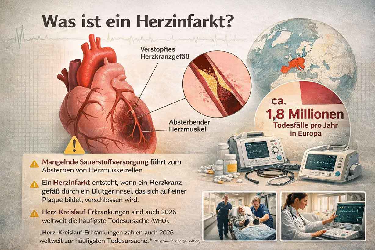 Infographic explaining a heart attack: blocked coronary artery, dying heart muscle, medical devices, and a statistic of 1.8 million deaths per year in Europe