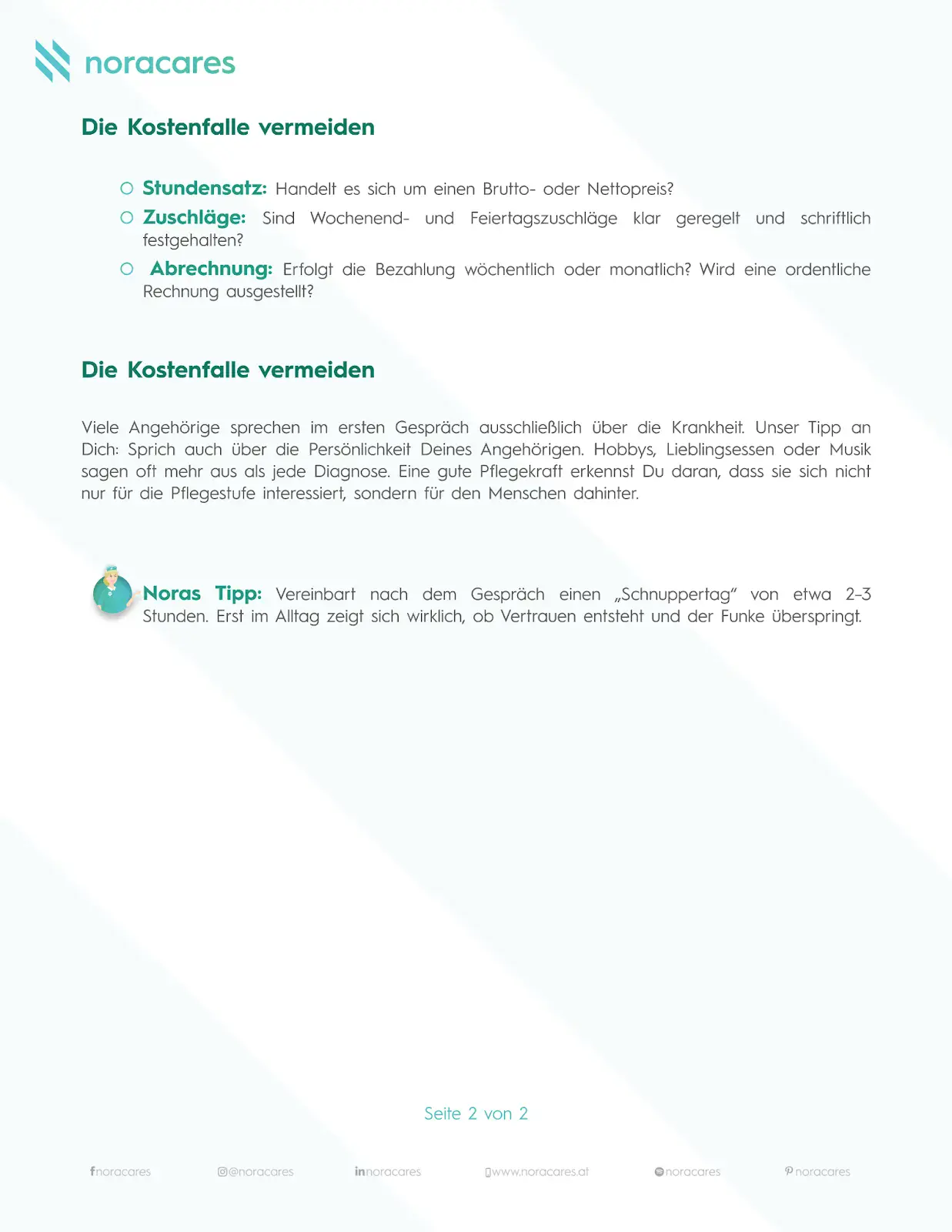 Infografic noracares pentru evitarea capcanelor de cost la prima discuție cu un îngrijitor, cu indicații despre tarif orar, suplimente, facturare și un sfat practic pentru o zi de probă.