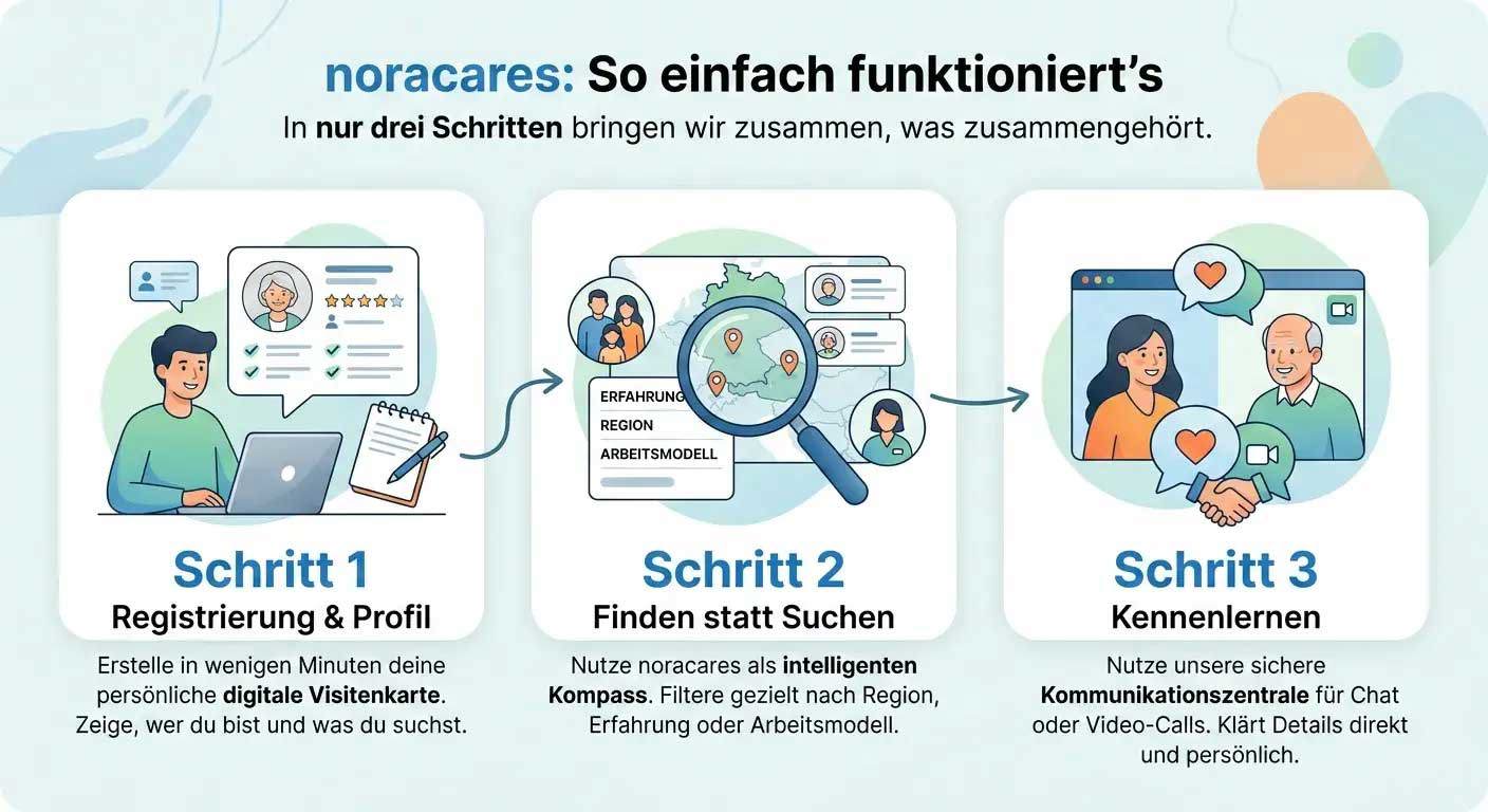 Deutsche Infografik, die in drei Schritten erklärt, wie noracares funktioniert. Die Überschrift lautet „noracares: So einfach funktioniert’s“ und darunter steht: „In nur drei Schritten bringen wir zusammen, was zusammengehört.“ Drei illustrierte Kacheln zeigen: Schritt 1, „Registrierung & Profil“, mit einer Person am Laptop, die ein Profil erstellt; Schritt 2, „Finden statt Suchen“, mit einer Karte, einer Lupe und Filtern für Erfahrung, Region und Arbeitsmodell; Schritt 3, „Kennenlernen“, mit zwei Personen in einem Videoanruf sowie Chat- und Herzsymbolen. Der Hintergrund ist in sanften Blau- und Grüntönen gestaltet, mit abgerundeten weißen Karten.