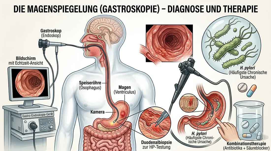 German-language medical infographic about gastroscopy. It shows schematically how an endoscope is inserted through the mouth and esophagus into the stomach, connected to a monitor for real-time viewing. In addition, there are illustrations of the inside of the stomach, a duodenal biopsy for HP testing, H. pylori as a common chronic cause, as well as combination therapy with antibiotics and acid blockers. The heading reads “Gastroscopy – Diagnosis and Therapy”