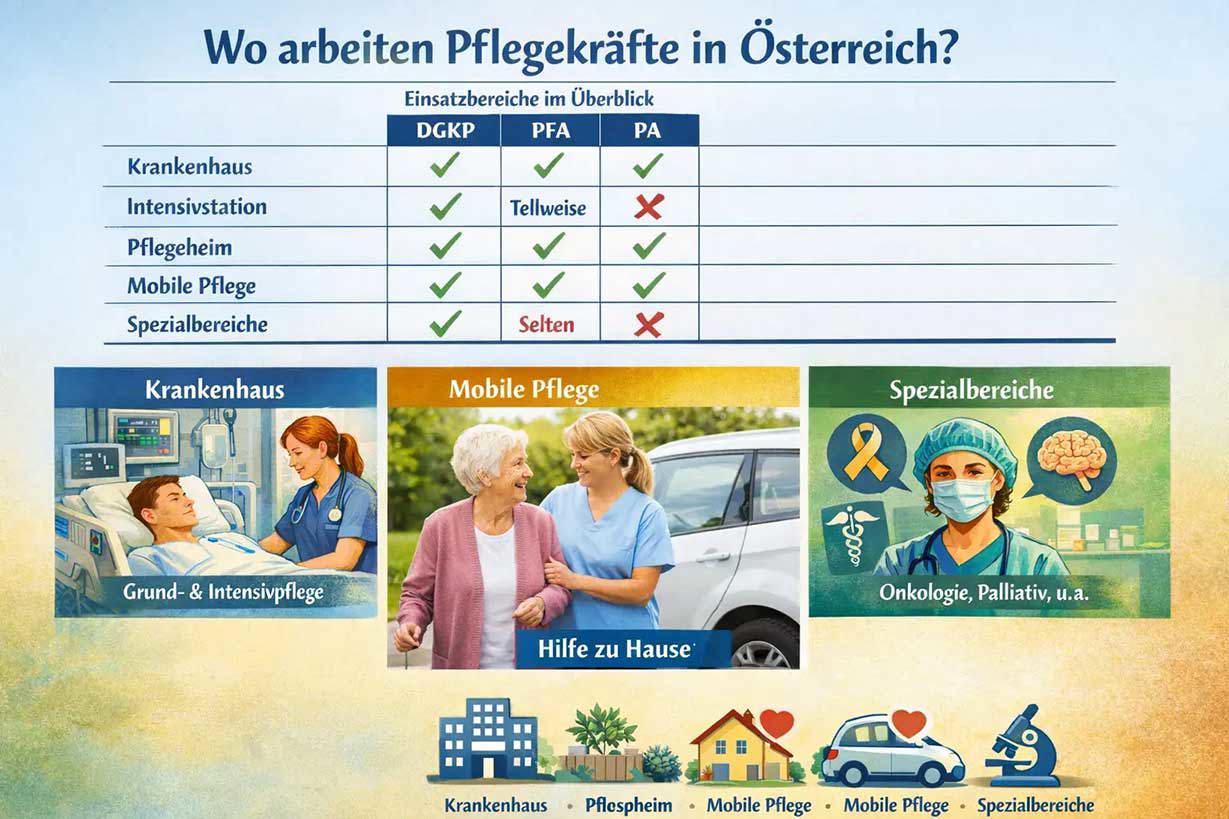 Infografic despre domeniile de activitate ale personalului de îngrijire în Austria cu prezentare generală pentru DGKP, PFA și PA în spital, secție de terapie intensivă, azil, îngrijire mobilă și domenii specializate precum oncologie și îngrijiri paliative.