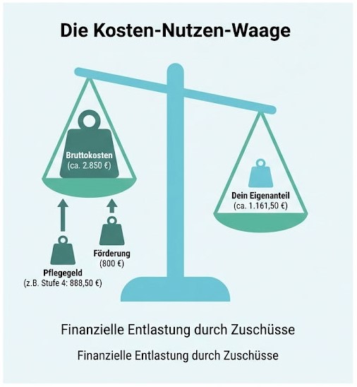 Infografik mit dem Titel „Die Kosten-Nutzen-Waage“. Eine Waage vergleicht links die Bruttokosten (ca. 2.850 €) mit Zuschüssen wie Pflegegeld (z. B. Stufe 4: 888,50 €) und einer Förderung von 800 €. Rechts wird der reduzierte Eigenanteil von ca. 1.161,50 € dargestellt. Darunter steht „Finanzielle Entlastung durch Zuschüsse“.