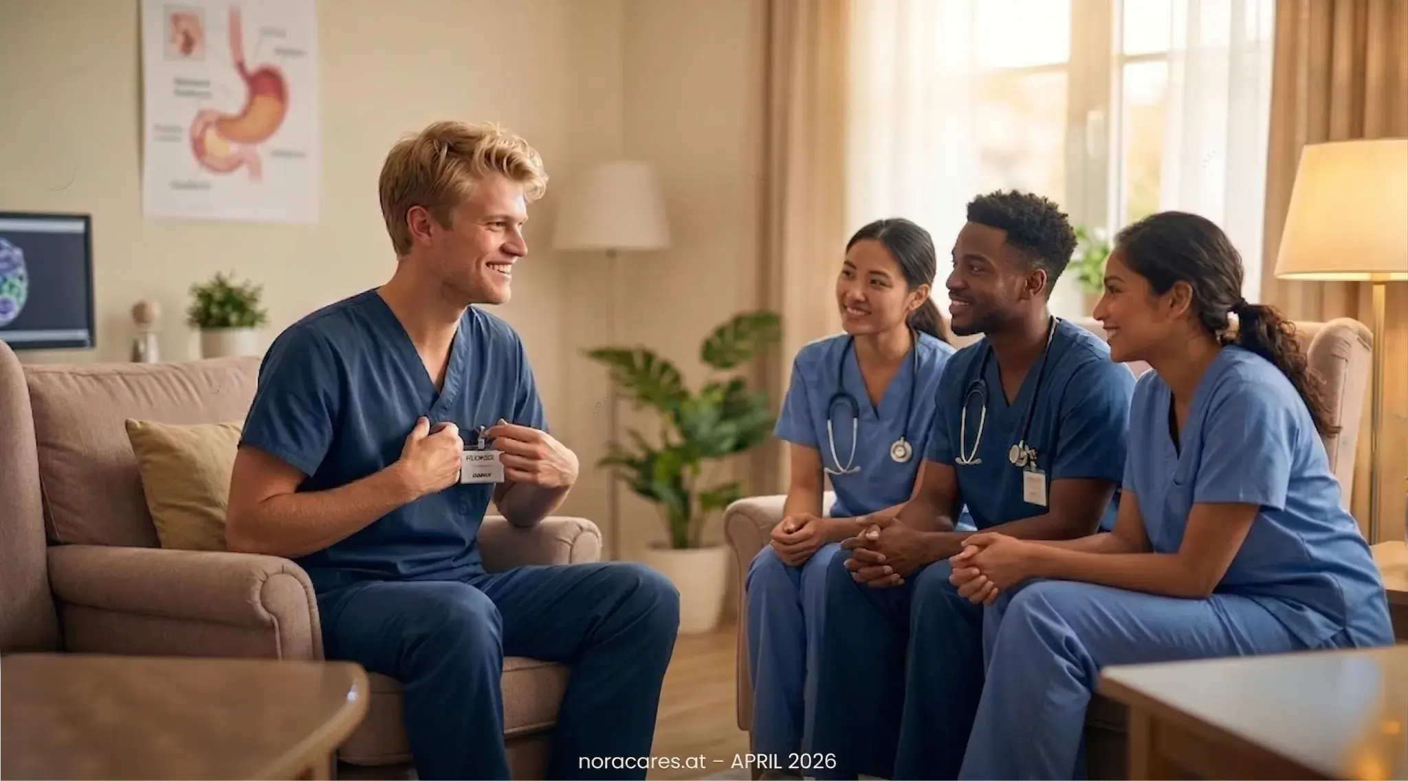 Eine Gruppe von Pflegeauszubildenden in blauer Arbeitskleidung sitzt zusammen in einem hellen Raum, lächelt und führt ein Gespräch während einer Ausbildungseinheit im Gesundheitswesen.