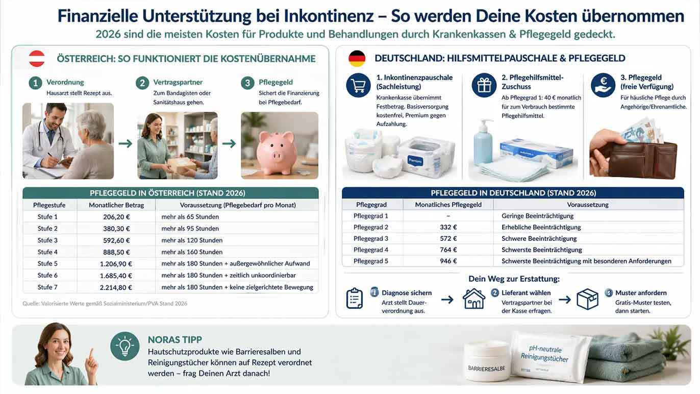Infographic titled “Financial support for incontinence – how your costs are covered”. It compares cost coverage in Austria and Germany.