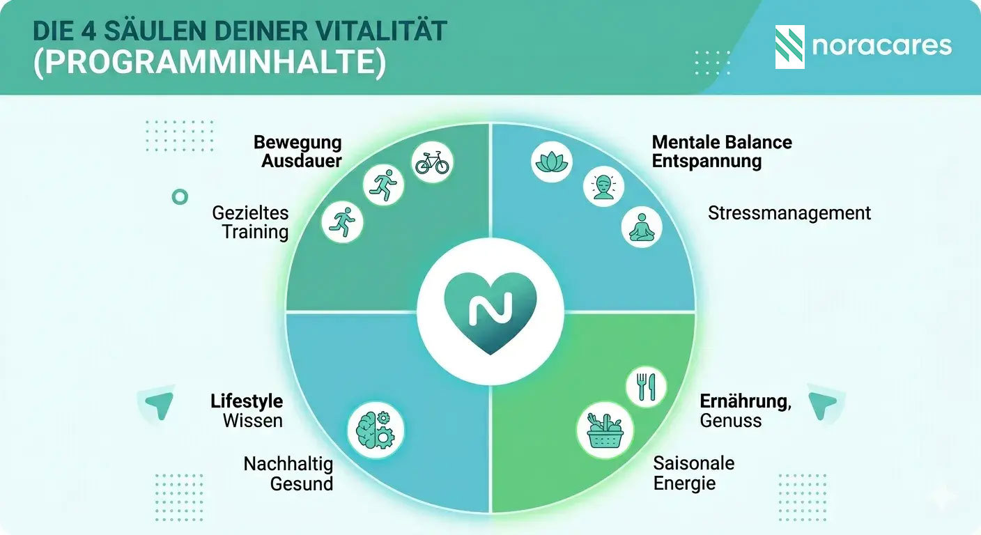 Infographic titled “Die 4 Säulen deiner Vitalität (Programminhalte)” showing a circular diagram divided into four areas: movement and endurance with targeted training, mental balance and relaxation with stress management, nutrition and enjoyment with seasonal energy, and lifestyle knowledge for sustainable health, illustrated with icons such as running, cycling, meditation, food, and brain symbols around a central heart logo.