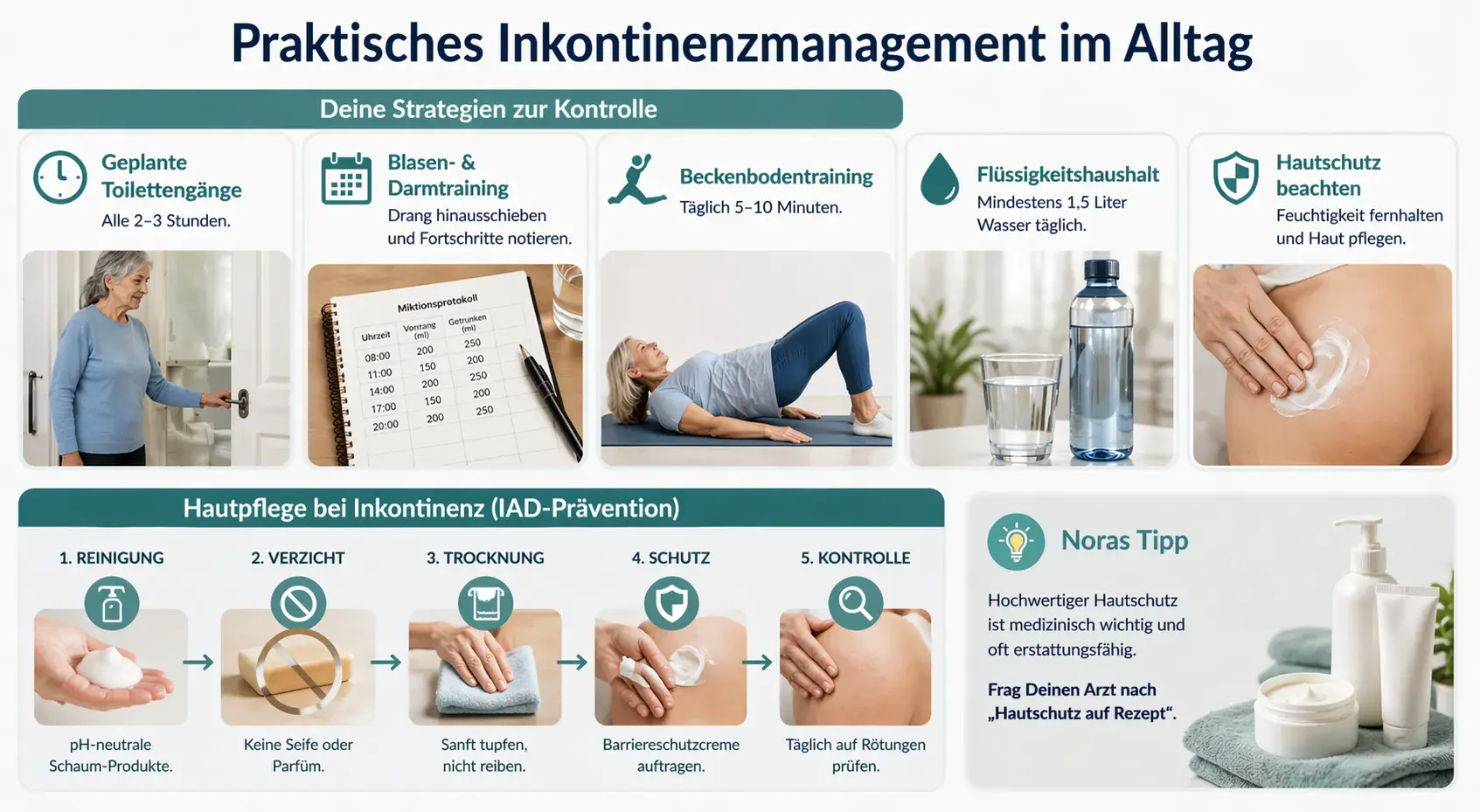 Infographic titled “Practical incontinence management in everyday life,” showing strategies for control and skin care. At the top, measures are shown such as scheduled toilet visits every 2–3 hours, bladder and bowel training with a log, daily pelvic floor training, sufficient fluid intake (at least 1.5 liters of water), and skin protection through care and keeping the skin dry.