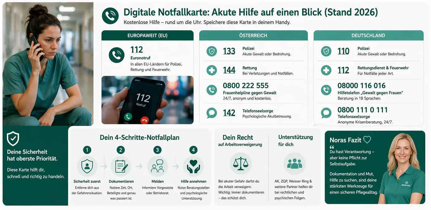 O infografică cu titlul „Card digital de urgență: ajutor imediat dintr-o privire (situația din 2026)” prezintă un cadru medical care vorbește la telefon și enumeră numere importante de urgență pentru Europa, Austria și Germania. În plus, sunt prezentate un plan de urgență în 4 pași, indicații juridice, oferte de sprijin, precum și sfaturi pentru siguranță și documentare în situații de criză.