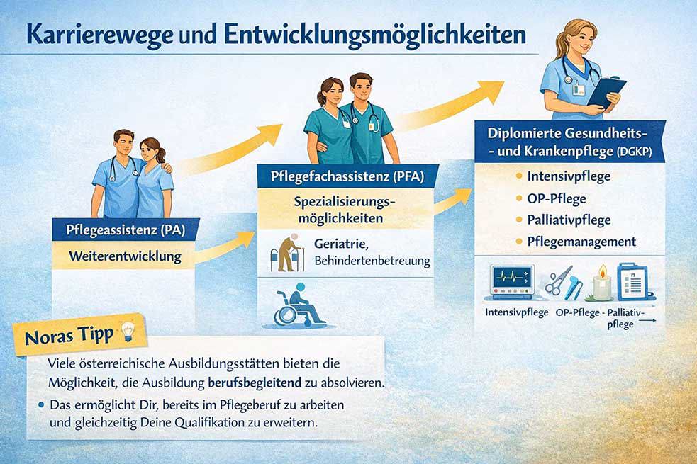 Infografic despre parcursurile de carieră și oportunitățile de dezvoltare în îngrijire în Austria, cu avansare de la asistență de îngrijire (PA) prin asistență specializată de îngrijire (PFA) până la îngrijire generală și medicală diplomată (DGKP), precum și specializări precum îngrijire intensivă, îngrijire în sala de operație și managementul îngrijirii.