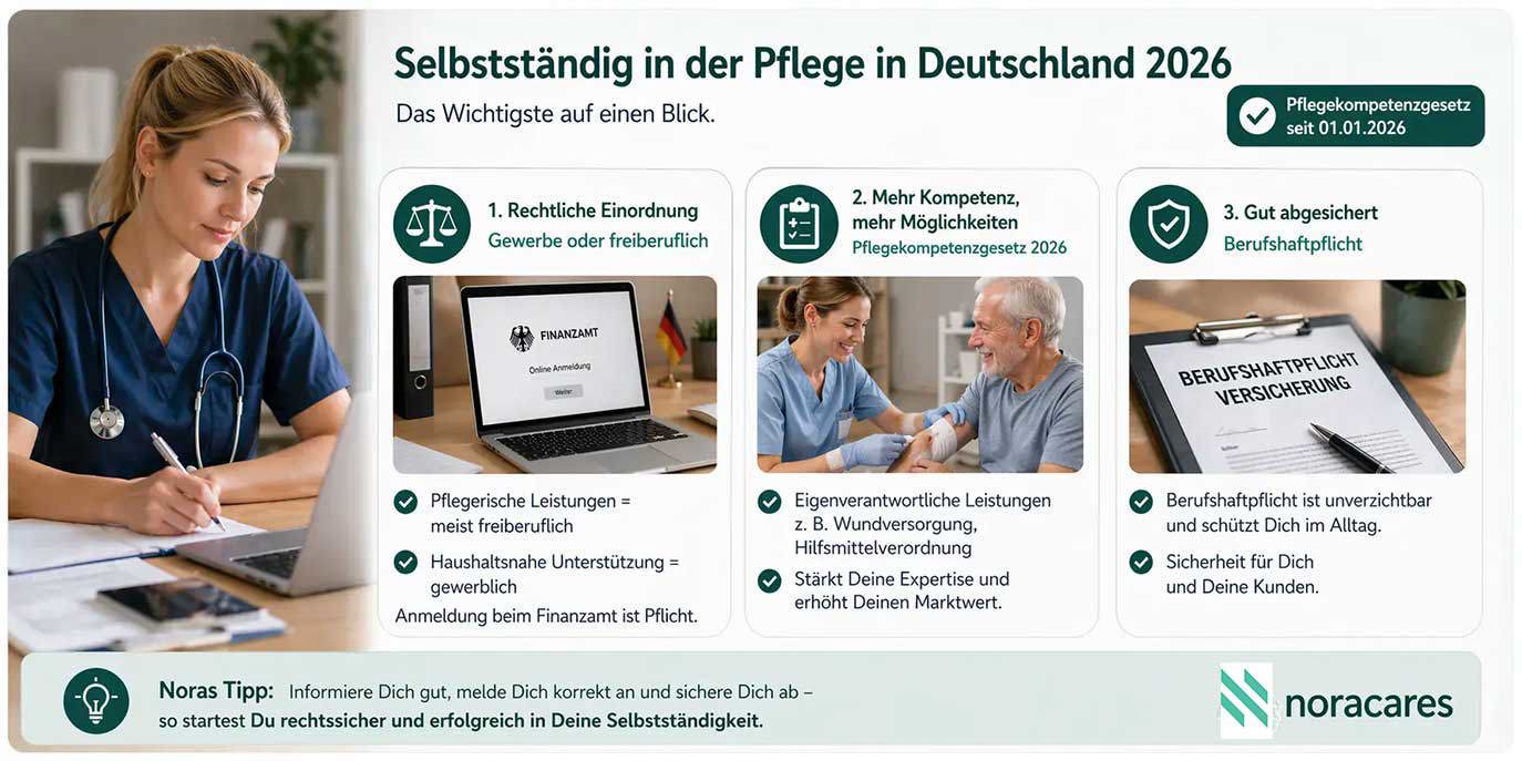 „Un lucrător în îngrijire lucrează la laptop și ia notițe, lângă un infografic despre activitatea independentă în îngrijire în Germania 2026, cu informații despre încadrarea juridică, noile competențe prin Legea competențelor în îngrijire și importanța unei asigurări de răspundere profesională.“