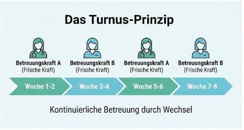 Infografik mit dem Titel „Das Turnus-Prinzip“. Dargestellt sind zwei Betreuungskräfte (A und B), die sich im Zwei-Wochen-Rhythmus abwechseln: Betreuungskraft A (Woche 1–2), Betreuungskraft B (Woche 3–4), Betreuungskraft A (Woche 5–6) und Betreuungskraft B (Woche 7–8). Darunter steht der Hinweis „Kontinuierliche Betreuung durch Wechsel“.