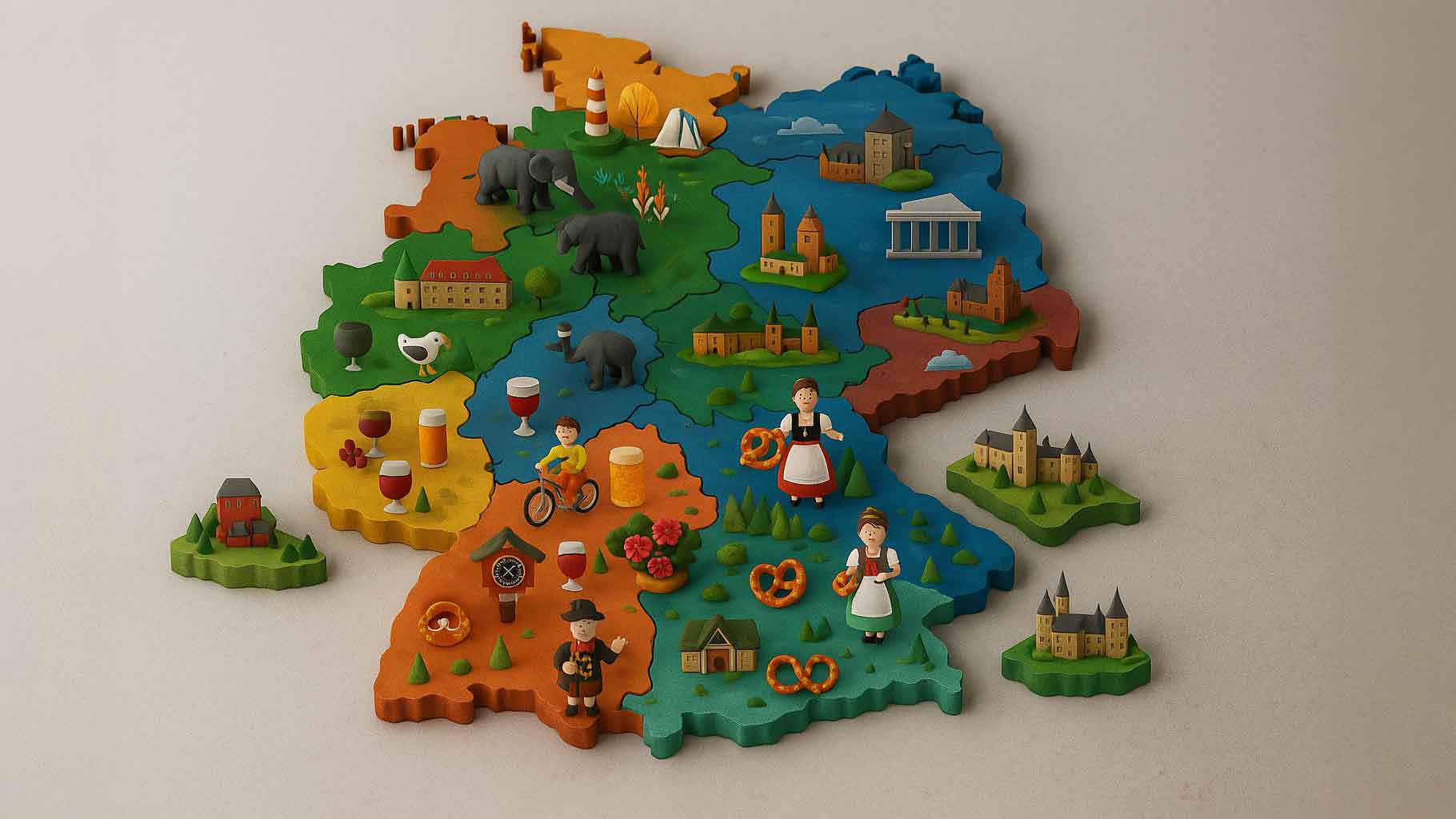 Eine farbenfrohe, dreidimensionale Holzillustration in Form von Deutschland, in Regionen unterteilt und mit Miniatur-Sehenswürdigkeiten, Burgen, Flüssen, Elefanten, Weingläsern, Bierkrügen, Brezeln, Fahrrädern, Booten und Menschen in traditioneller Kleidung dekoriert, vor einem neutralen Hintergrund.
