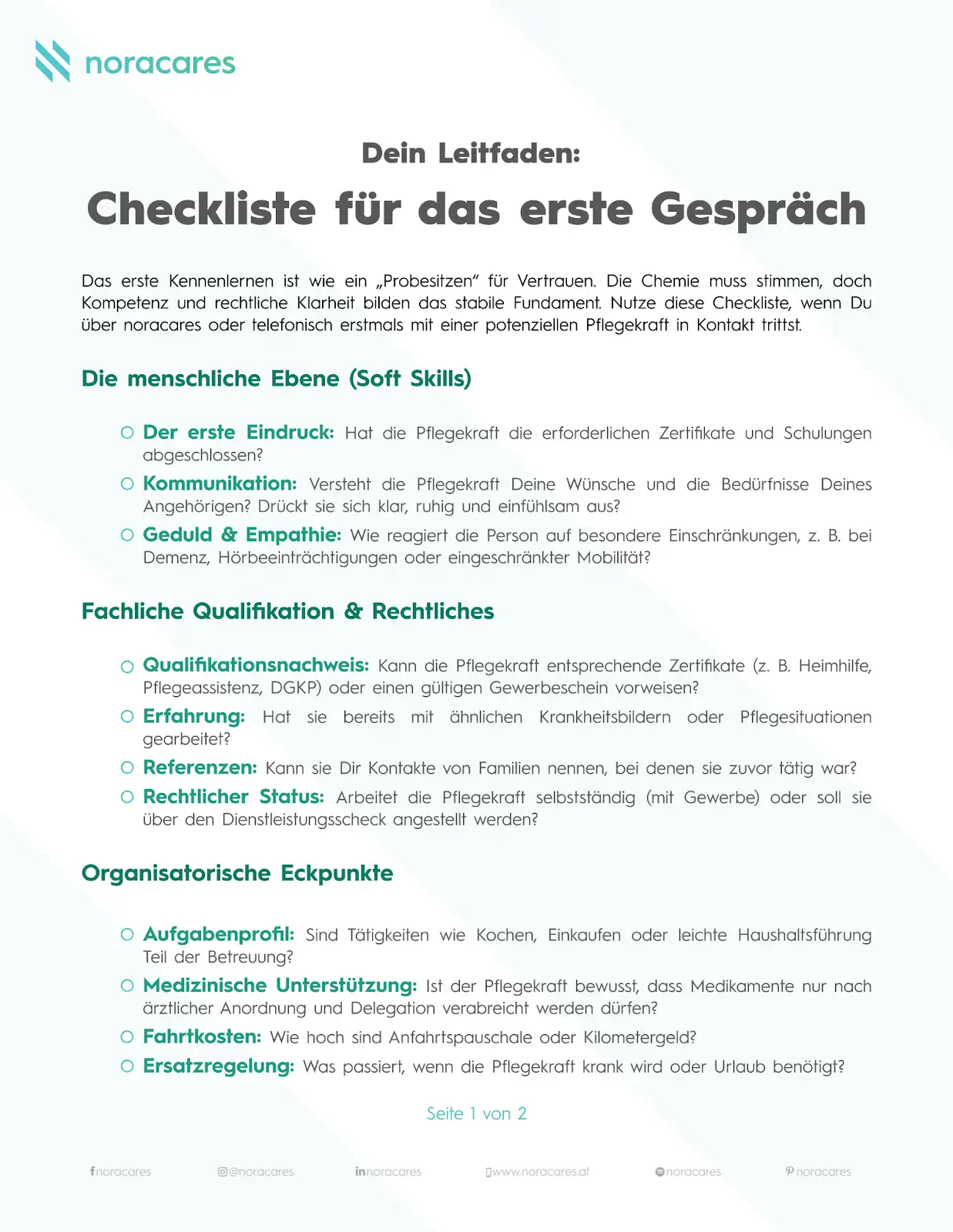Listă de verificare pentru prima discuție cu un îngrijitor de la noracares, cu focus pe abilități soft, calificare profesională, aspecte juridice și puncte-cheie organizatorice.