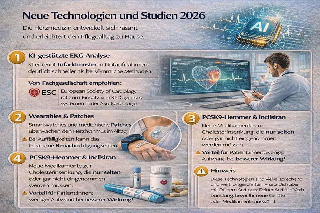 Infografik zu neuen Technologien in der Herzmedizin 2026: KI-gestützte EKG-Analyse, Wearables zur Herzüberwachung und moderne Medikamente wie PCSK9-Hemmer und Inclisiran zur Cholesterinsenkung
