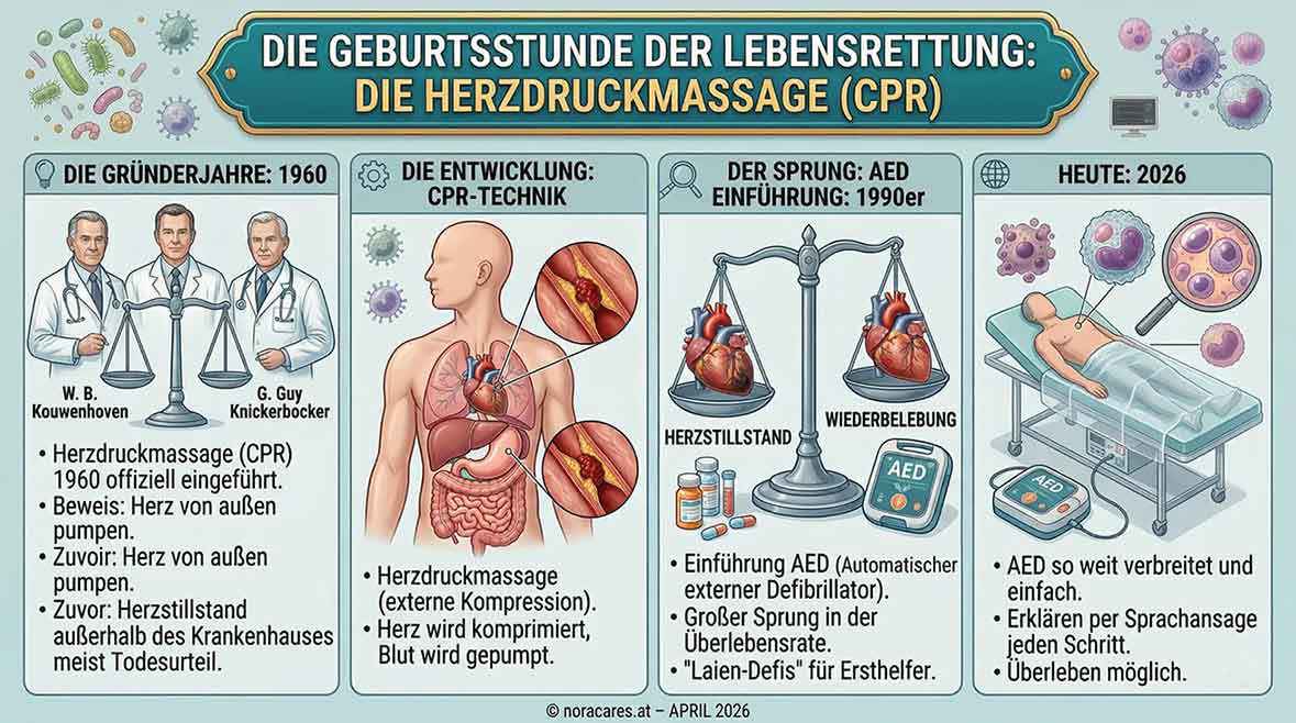 Infographic on the development of chest compressions (CPR): introduction in 1960, how CPR works, introduction of AEDs in the 1990s, and modern resuscitation in 2026