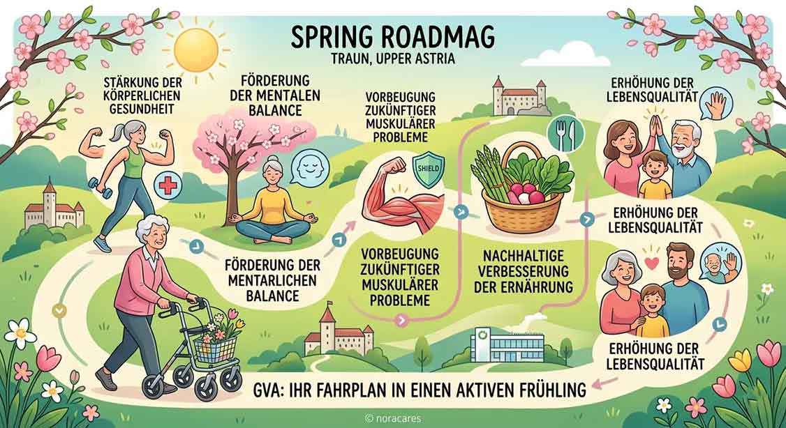 Colorfully illustrated infographic titled “Spring Roadmap – Traun, Upper Austria,” showing a step-by-step path to a healthier lifestyle for older adults, including physical movement, mental balance, prevention of muscle problems, improved nutrition, and increased quality of life, depicted through scenes of senior women and men walking, training, meditating, eating vegetables, and spending time with family.