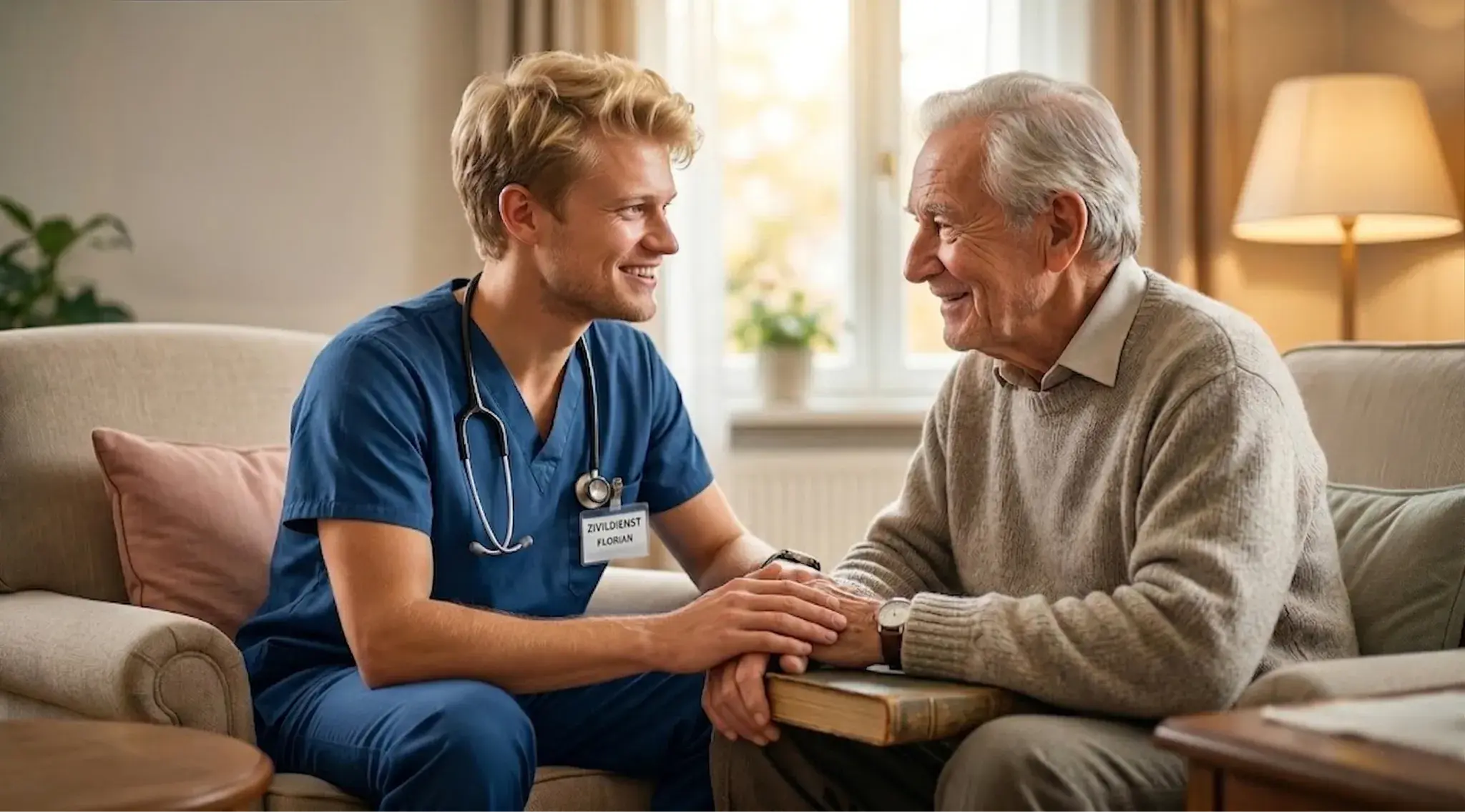 Eine Pflegekraft in blauer Arbeitskleidung sitzt einem älteren Mann gegenüber, hält seine Hände und führt ein einfühlsames Gespräch in einer wohnlichen Umgebung.