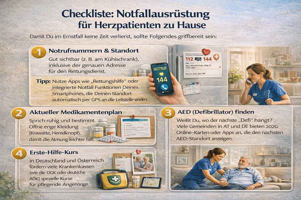 Infografik Checkliste für Notfallausrüstung bei Herzpatienten zu Hause: Notrufnummern, Medikamentenplan, AED-Standort und Erste-Hilfe-Kurs für schnelle Hilfe im Ernstfall