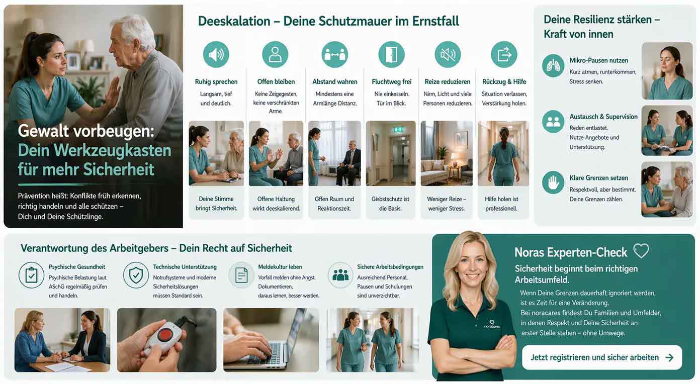 Un infografic cu titlul „Prevenirea violenței: trusa ta de instrumente pentru mai multă siguranță” arată un cadru medical în conversație cu un bărbat vârstnic și transmite strategii de dezescaladare precum vorbit calm, păstrarea distanței, reducerea stimulilor și solicitarea ajutorului. Sunt completate sfaturi pentru întărirea rezilienței, limite clare, precum și indicații privind responsabilitatea angajatorului pentru condiții de muncă sigure.