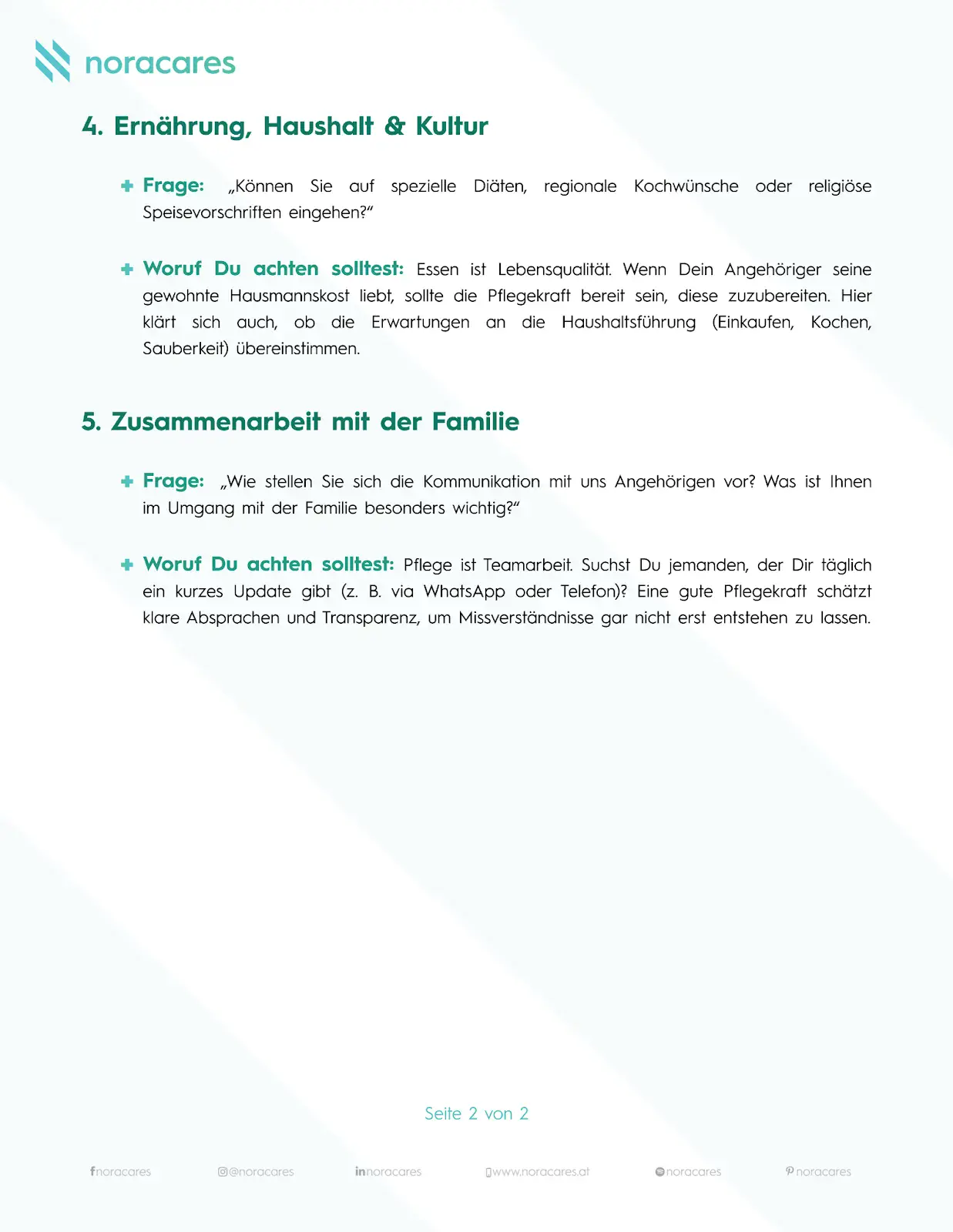 Informationsgrafik mit den Punkten 4 und 5 des ‚Profi-Checks: 5 Fragen für das Video-Kennenlernen‘. Thema 4 behandelt Ernährung, Haushalt und kulturelle Aspekte mit Beispielfragen zu Diäten und Haushaltsführung. Thema 5 fokussiert die Zusammenarbeit mit der Familie, einschließlich Kommunikation, Transparenz und klarer Absprachen. Unten steht ‚Seite 2 von 2