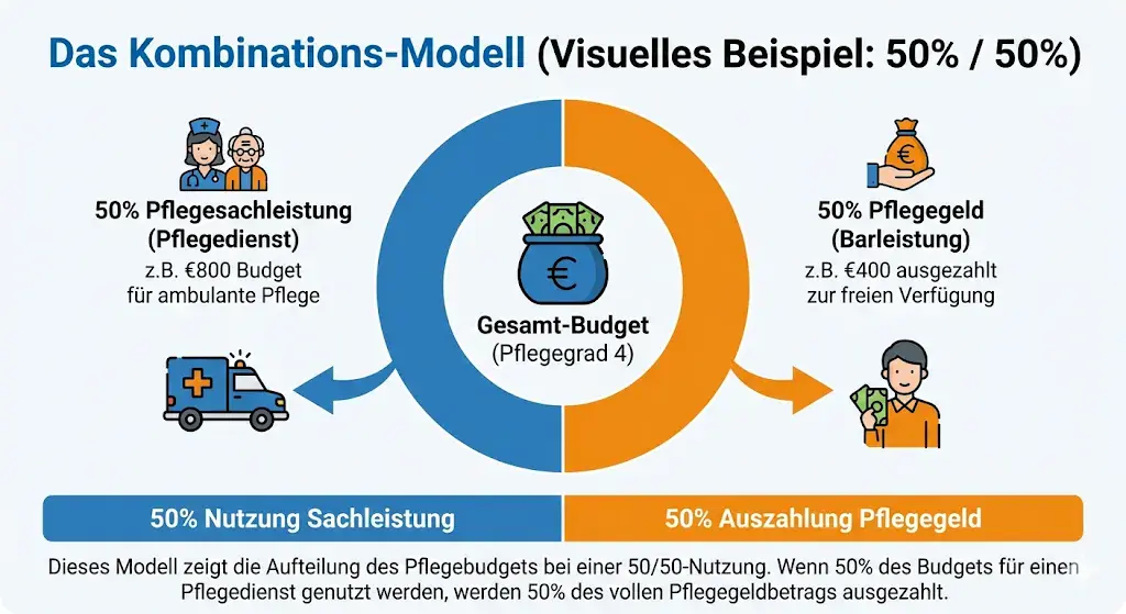 Infografik zum Kombinationsmodell in der Pflege mit einem 50/50-Beispiel. In der Mitte ein Kreisdiagramm mit dem Gesamtbudget (Pflegegrad 4), aufgeteilt in zwei Hälften: 50 % Pflegesachleistung für einen Pflegedienst (z. B. 800 € Budget für ambulante Pflege) und 50 % Pflegegeld als Barleistung (z. B. 400 € zur freien Verfügung). Pfeile und Symbole veranschaulichen die Aufteilung sowie die Nutzung von Sachleistung und Auszahlung des Pflegegelds.