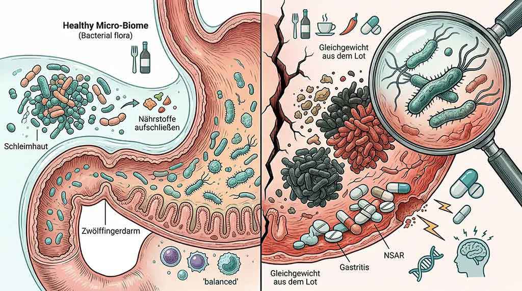 Split medical illustration graphic showing a healthy stomach and intestinal environment on the left and disturbed conditions in gastritis on the right. On the left, various microorganisms are depicted in the mucosa and in the duodenum, accompanied by notes on a healthy microbiome and nutrient processing. On the right, the graphic shows an imbalance of bacterial flora, enlarged bacteria under a magnifying glass, as well as possible influencing factors such as alcohol, coffee, spicy food, medications such as NSAIDs, genetic factors, and stress. The depiction uses pink, turquoise, and gray tones.