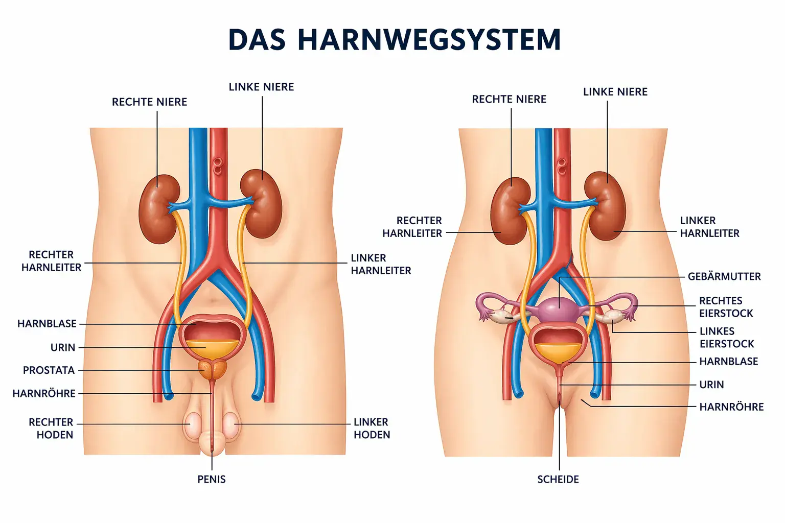 Illustrated diagram of the human urinary system with labels in German, showing male anatomy on the left and female anatomy on the right. Both illustrations show kidneys, ureters, urinary bladder, and urethra. The male illustration additionally includes the prostate, testes, and penis, while the female illustration shows the uterus, ovaries, and vagina. Labels identify structures such as left and right kidney, ureter, urinary bladder, urine, and reproductive organs.