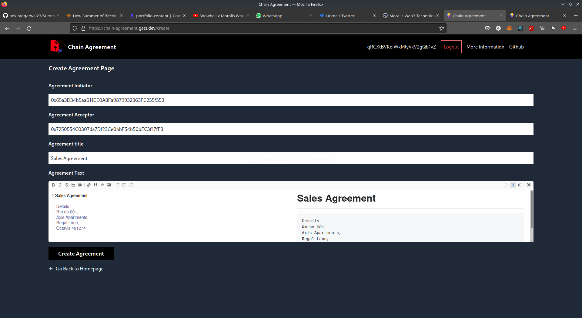 Agreement Creation page with details filled in