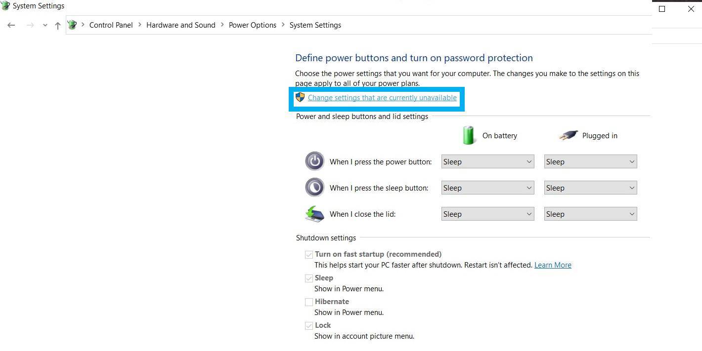 Enlevez l'option Fast Startup