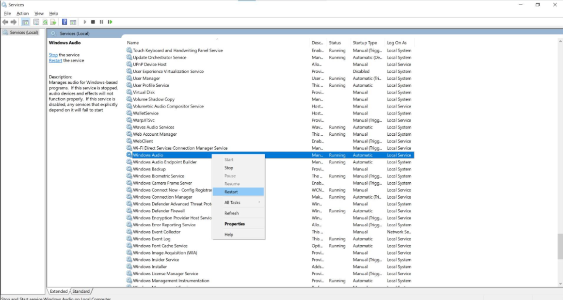 Redémarrez le service audio de Windows