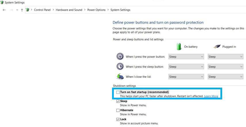 Enlevez l'option Fast Startup