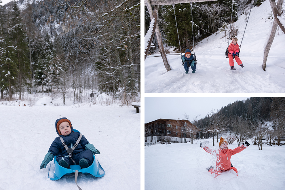 Kinderen Maeve en Miles spelen in de sneeuw in Zuid-Tirol
