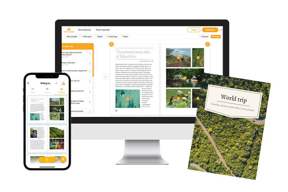 Boek maken en ontwerpen in de web editor of mobiele app van Travel Diaries
