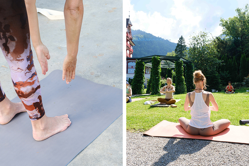 Ochtend yoga beoefenen in de Zwitserse Alpen
