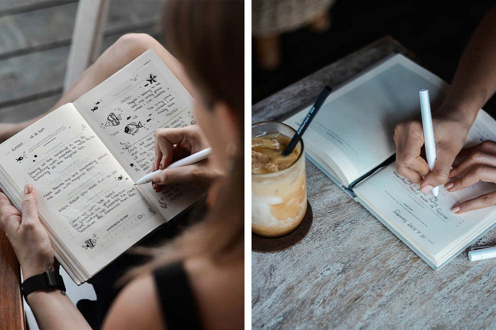 Two photos of a person journaling.