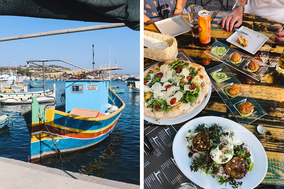 Vissersbootjes en snacks in de haven van vissnacks in de haven van Marsaxlokk 