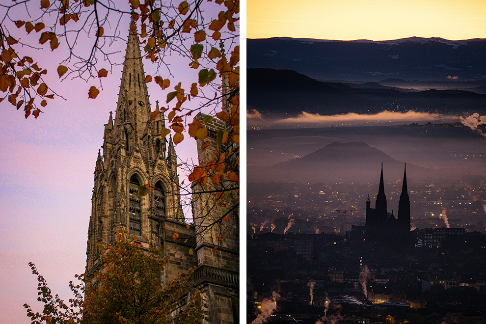 Twee uitzichten op Clermont-Ferrand: vanaf de top van de vulkaan en de Kathedraal van Clermont-Ferrand vanaf de straat gezien.