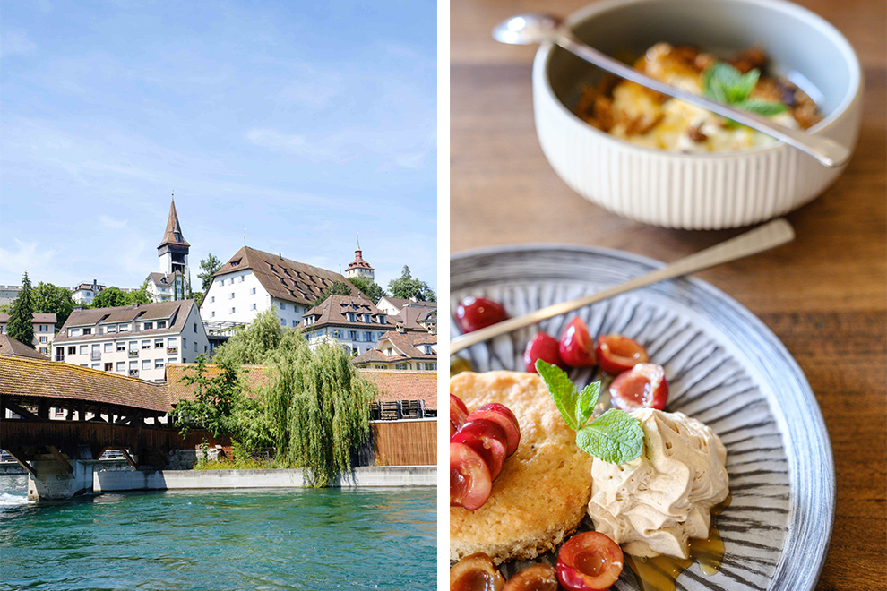 Restaurant Karls Kraus en rivier de Reuss in Luzern, Zwitserland