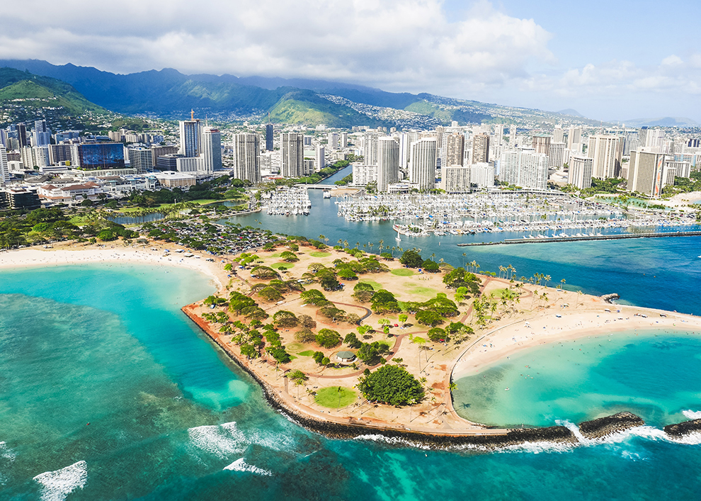 Dronefoto van de stad Honolulu in Hawaii