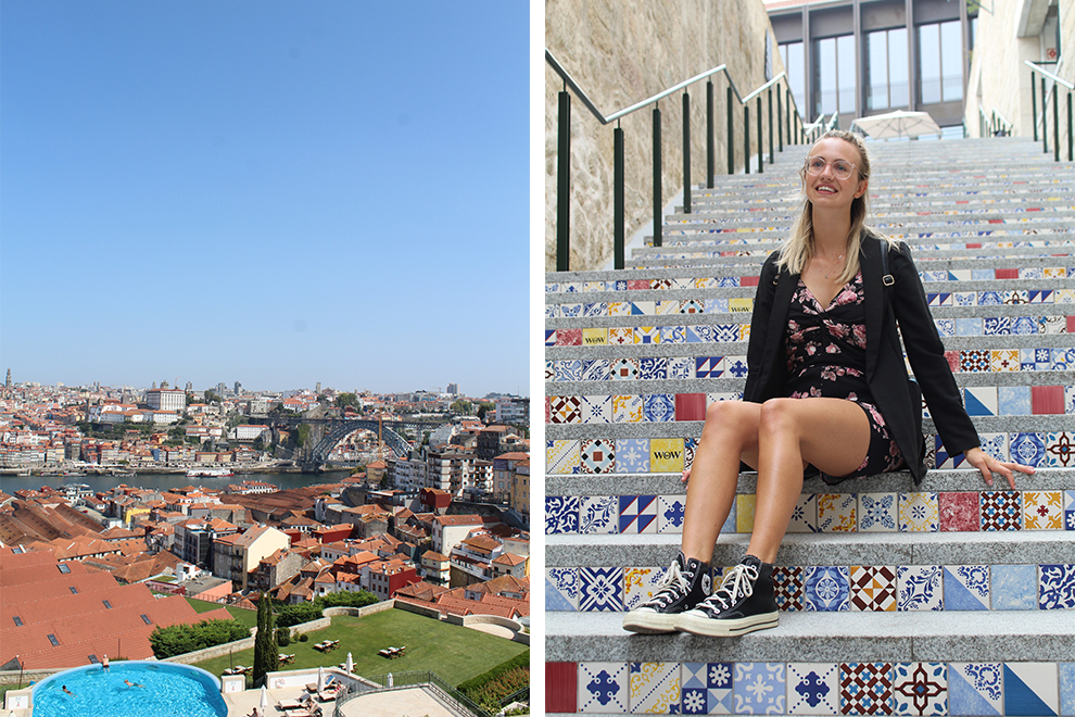 Uitzicht vanaf hotel the Yeathman en kleurrijke trap van wow in Porto