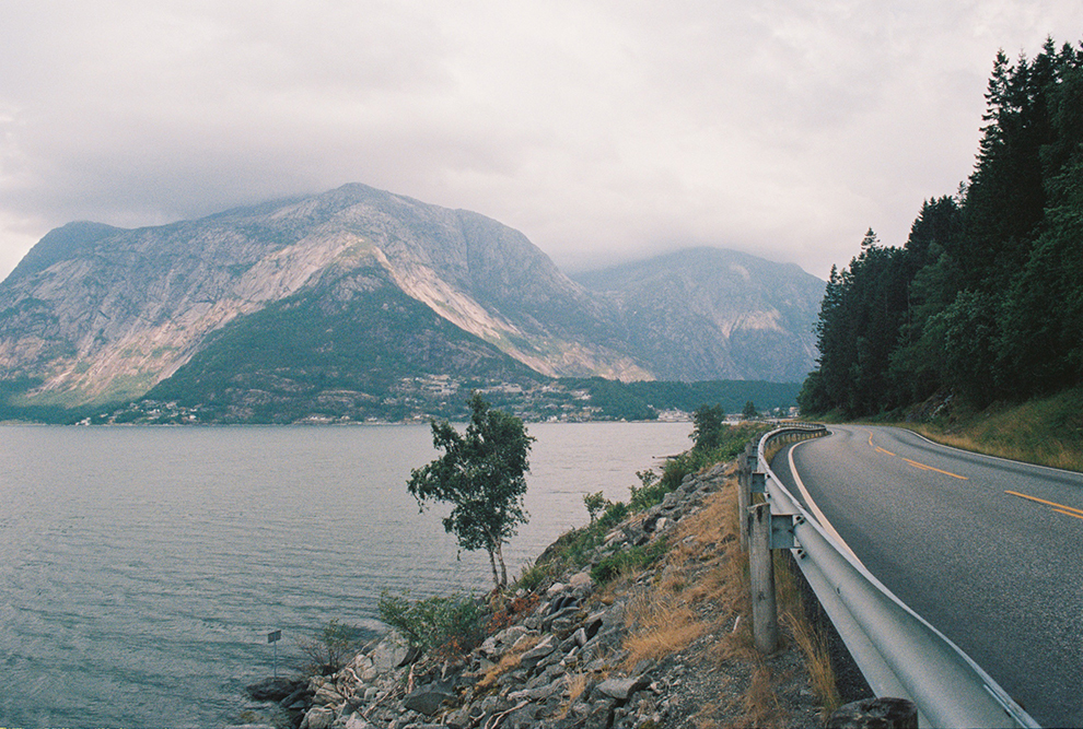 Weg langs fjord tijdens roadtrip in Noorwegen