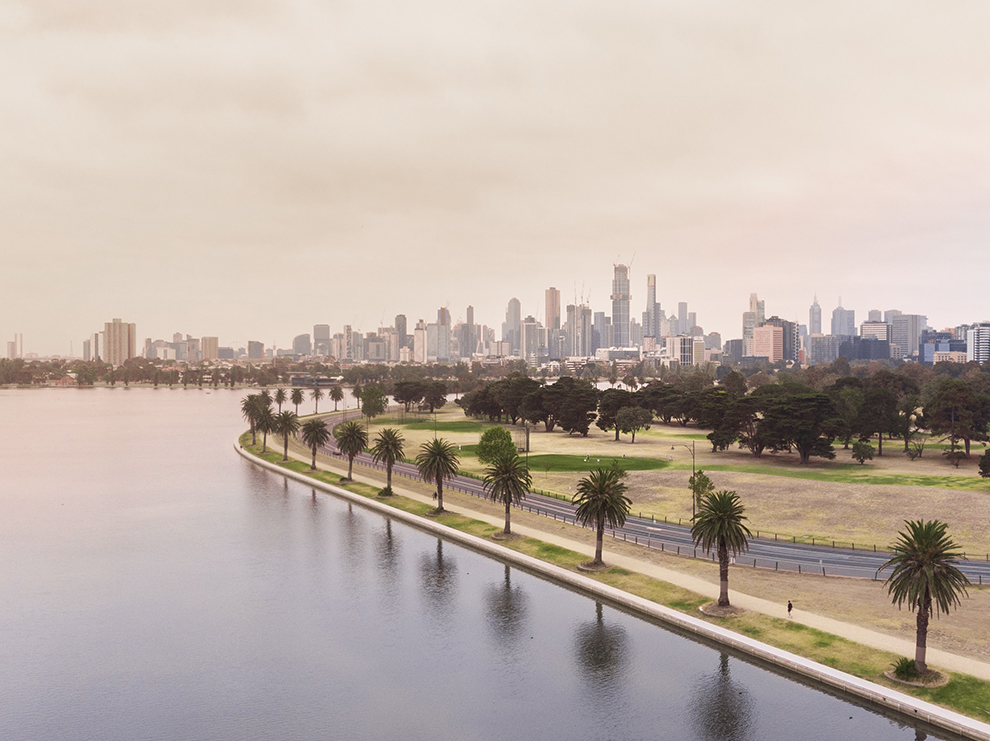 Kust en skyline van Melbourne, Australië