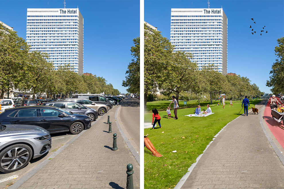 Voor en na beeld van parkeerplaats die verandert in park met fietspad