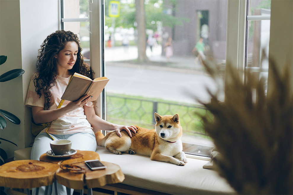 Een vrouw zit in haar raamkozijn naast haar Shiba Inu hond en leest een boek.