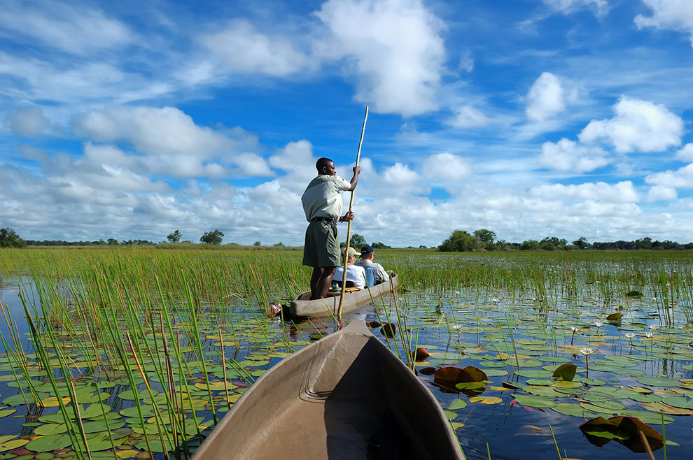 Traditionele kano op water van Delta Okavango in Botswana
