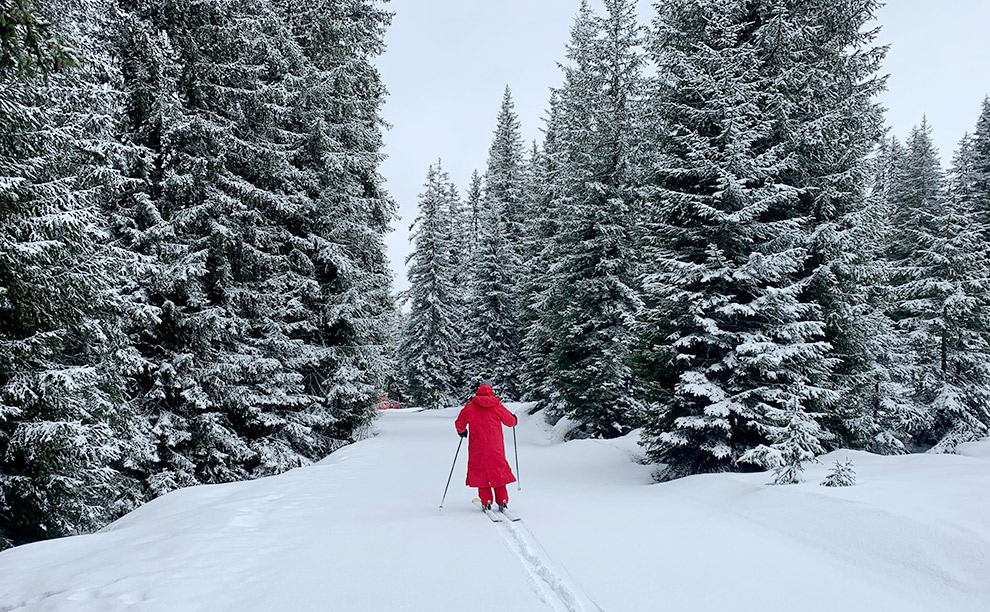 Skileraar in rode jas voorop in de sneeuw bij Espace Diamant
