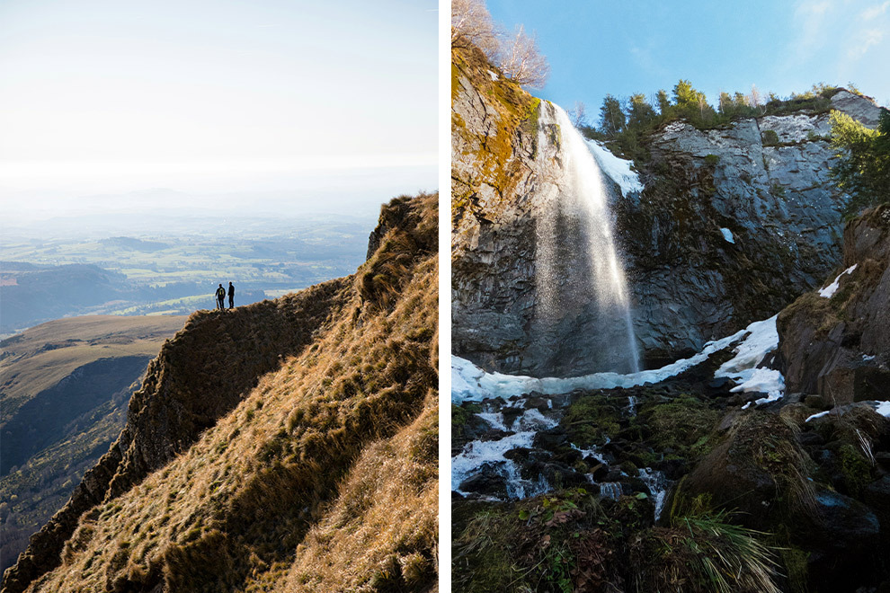 Links: Puy de Sancy in Mont-Dore, rechts: Grande Cascade Mont-Dore, Mont-Dore.