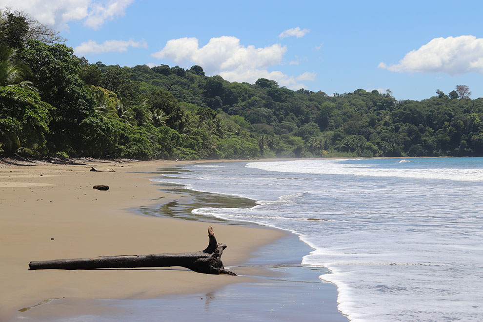 Uitgestrekte strandoever van Ballena beach in Costa Rica