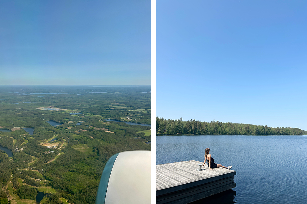 Uitzicht vliegtuig en steiger in Zuid-Finland