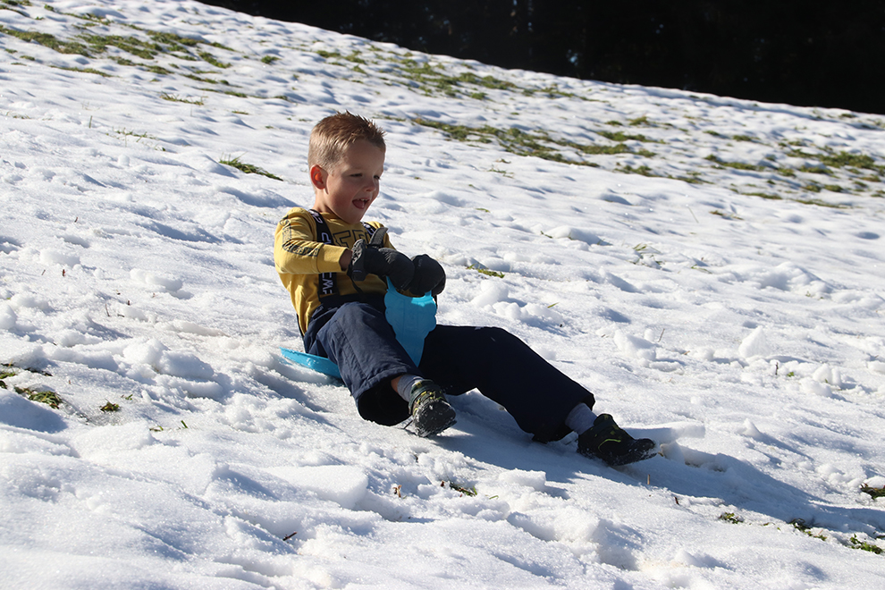 Op de slee met kinderen in de sneeuw in Oostenrijk